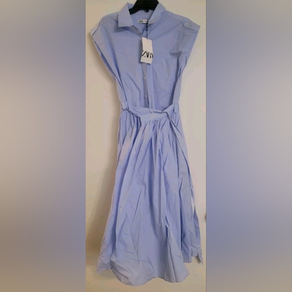 Zara Midi Blue Flared/Pleated Front Button Wrap Tie Waist Cotton Poplin Dress - Picture 6 of 12
